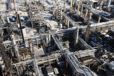 High angle view of oil refinery sunny day