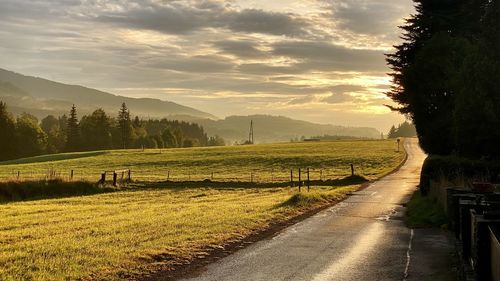 Road amidst field against sky during sunset