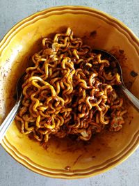 High angle view of noodles in bowl on table