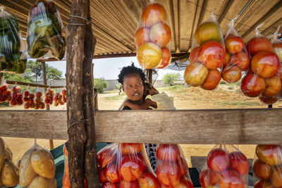 Portrait of boy standing on fruits