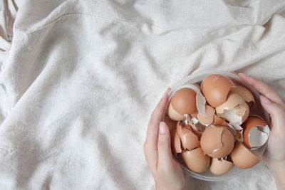 High angle view of food on bed