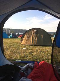 High angle view of tent on field against sky