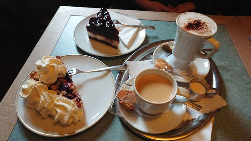 High angle view of dessert served on table