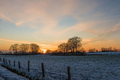 Scenic view of frozen field against sky during sunset