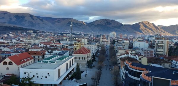 High angle view of townscape against sky during winter