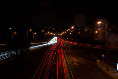 Light trails on road at night