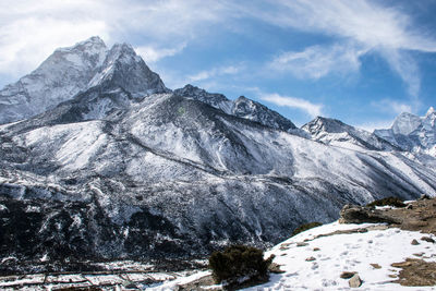 Scenic view of snowcapped mountains against sky