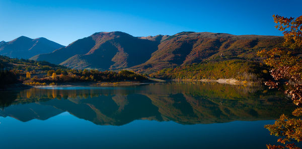 Scenic view of lake and mountains against clear sky