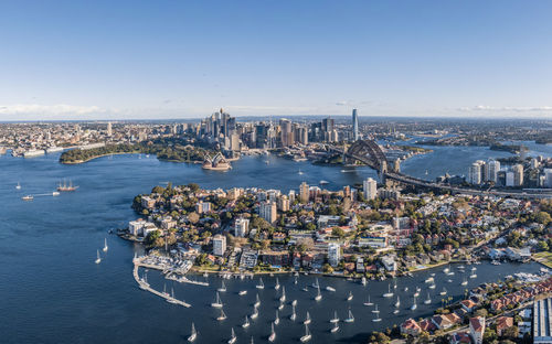 Aerial drone view of the sydney skyline with harbour bridge and kirribilli suburb.