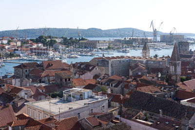 Aerial view of trogir old town, unesco heritage site, shot from the bell tower of leonard cathedral