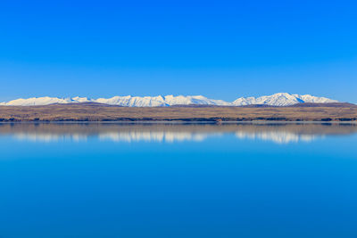 Scenic view of lake and snowcapped mountains against clear blue sky