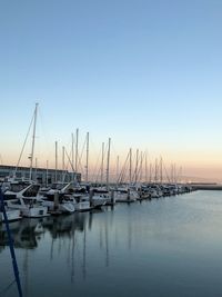 Sailboats moored in harbor at sunset