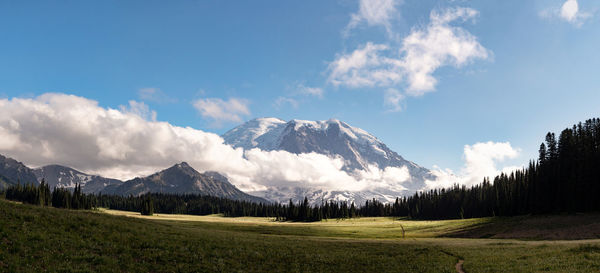 Panoramic view of snowcapped mountains against sky