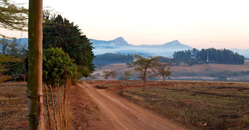 Dirt road amidst field and mountains against sky