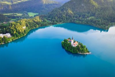 High angle view of island amidst lake