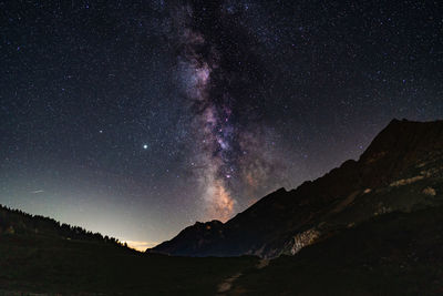 Scenic view of mountains against milky way at night