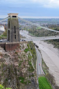 High angle view of bridge in city against sky