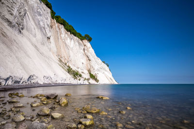 Scenic view of sea against clear blue sky