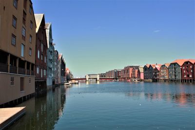 Buildings by canal against sky in city