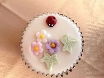 High angle view of cake in plate on table