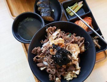 High angle view of breakfast served on table