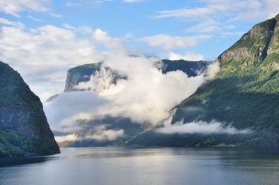 Scenic view of lake and mountains against sky