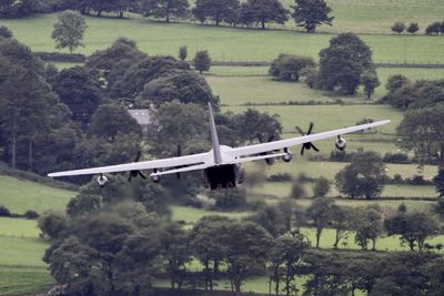 Scenic view of land and trees seen through airplane