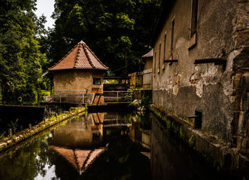 Canal amidst houses and trees