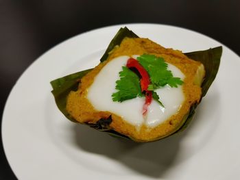 High angle view of dessert in plate