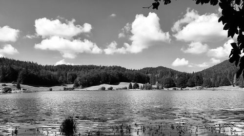 Scenic view of lake in black and white 