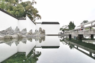 Reflection of building in water against sky