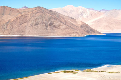 Scenic view of sea and mountains against blue sky