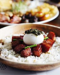 Close-up of fresh breakfast served in plate