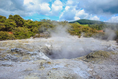 Scenic view of waterfall against sky