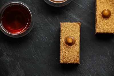 High angle view of breakfast on table