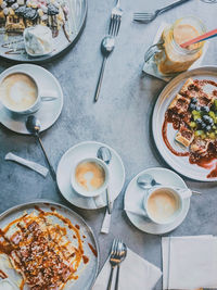 High angle view of breakfast on table