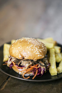 Close-up of burger on table