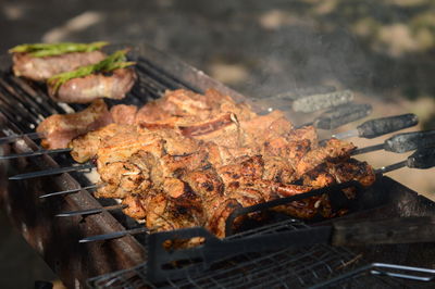 Close-up of meat on barbecue grill