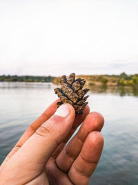 Cropped image of hand holding water against sky