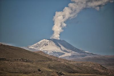 Smoke emitting from volcanic mountain against sky