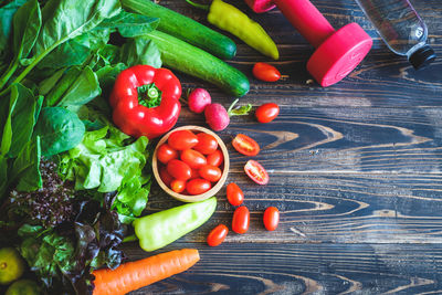 High angle view of fruits and vegetables on table