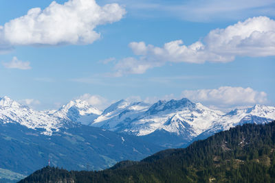 Scenic view of snowcapped mountains against sky