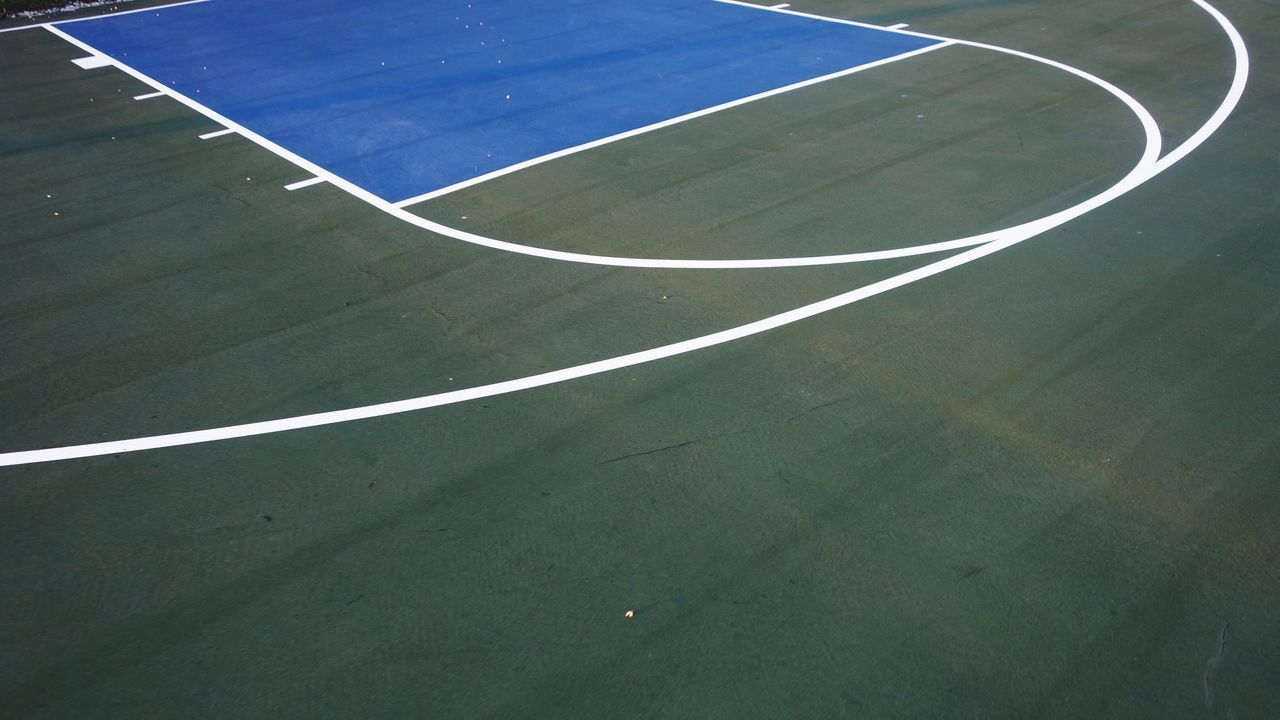 HIGH ANGLE VIEW OF BASKETBALL HOOP IN GREEN FIELD