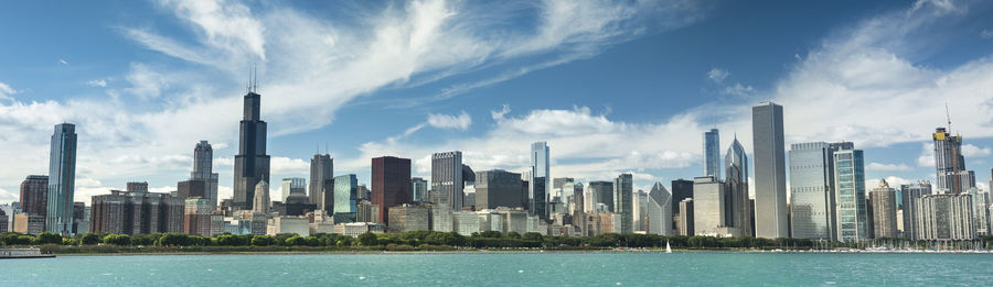 Panoramic view of modern buildings in city against sky