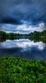 Scenic view of lake against cloudy sky