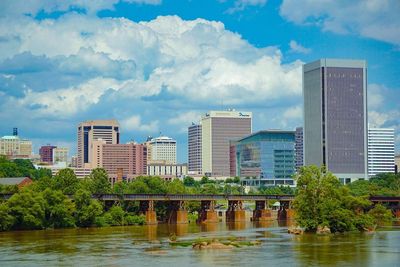 River in city against cloudy sky