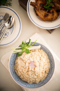 High angle view of food in plate on table