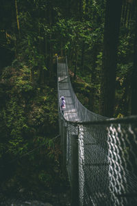 Person on rope bridge at forest