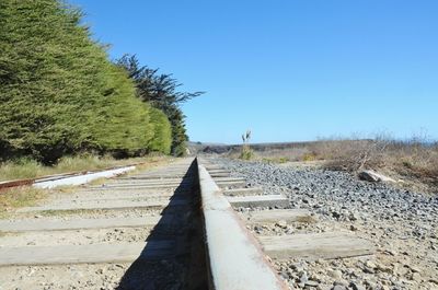 View of railway tracks against clear blue sky