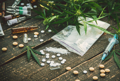 High angle view of medicines on table